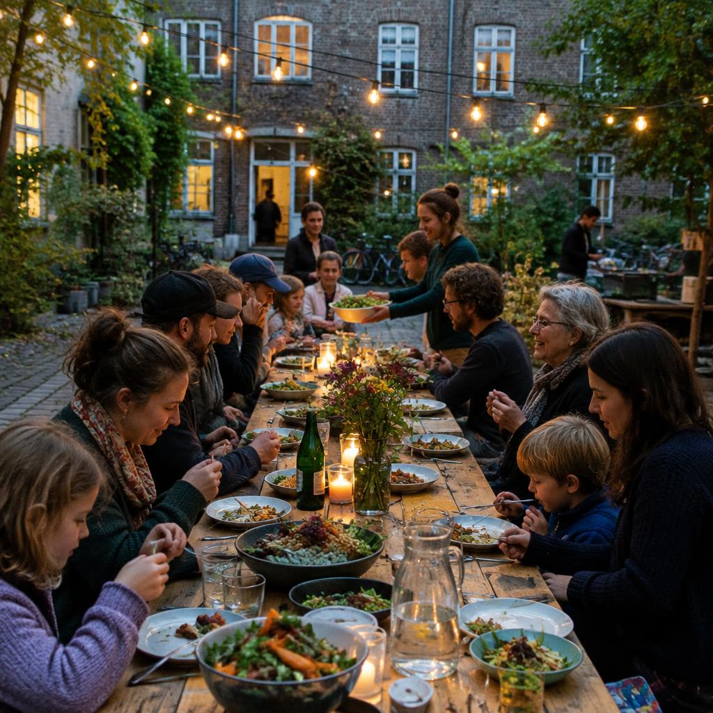 Fællesspisning ved et langt bord i en gård